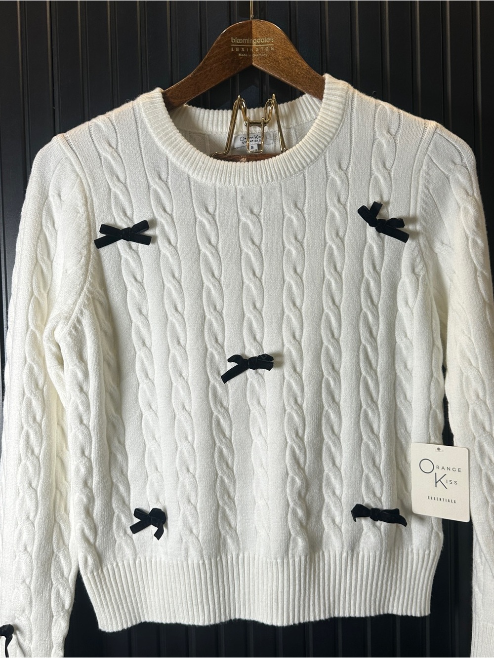 Orange Kiss Women's Ivory Cable Knit Crewneck Sweater with Black Bows